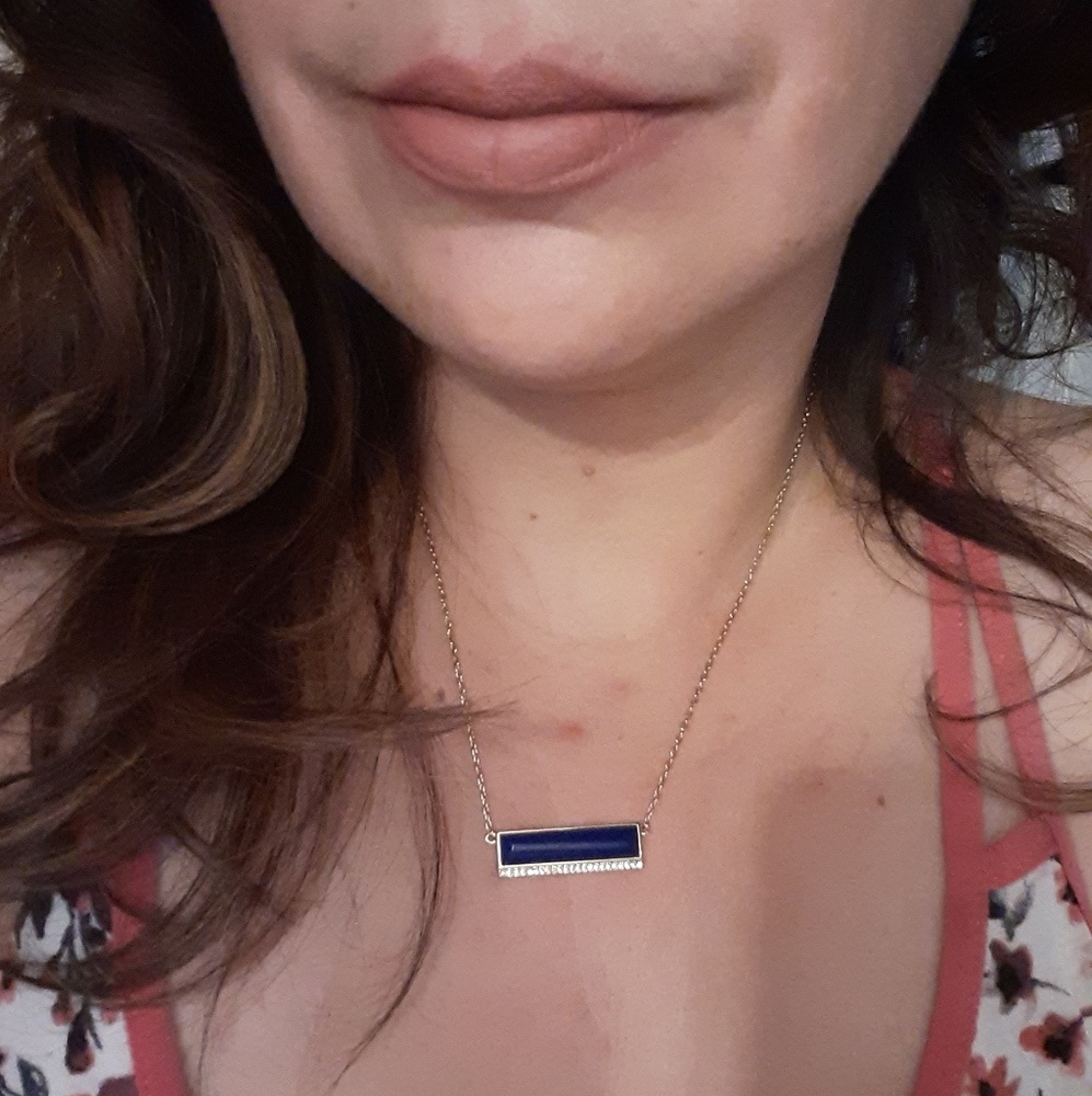 Stella & Dot Blue Faux Gemstone minimalist bar pendant necklace Goldtone 19" L